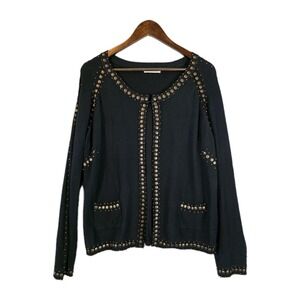 Caprice‎ Sweater Cardigan Womens XL Black Bronze Studded Open Front Classic READ